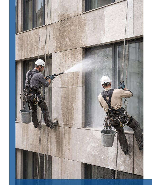 Послестроительная мойка фасада промышленным альпинизмом в Кандалакше