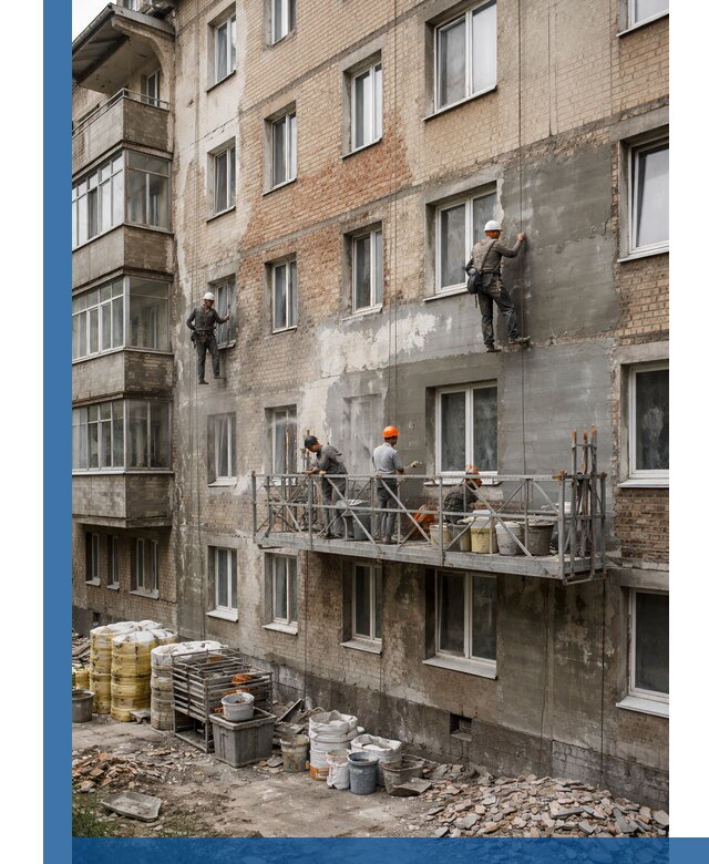 Капитальный ремонт фасада в Кандалакше с восстановлением и гидроизоляцией