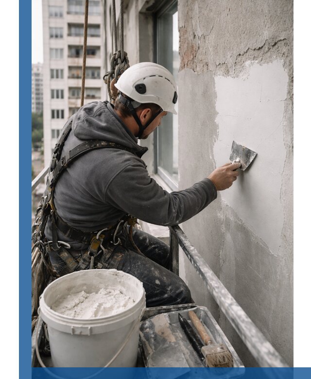 Шпаклевка фасадов на высоте с промальпинистами в Кандалакше