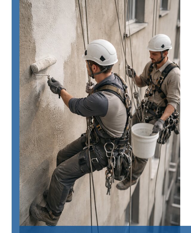 Грунтовка фасада на высоте в Кандалакше промышленными альпинистами