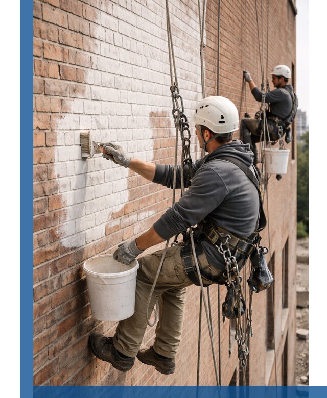Покраска кирпичного фасада с доступным альпинистским сервисом в Кандалакше