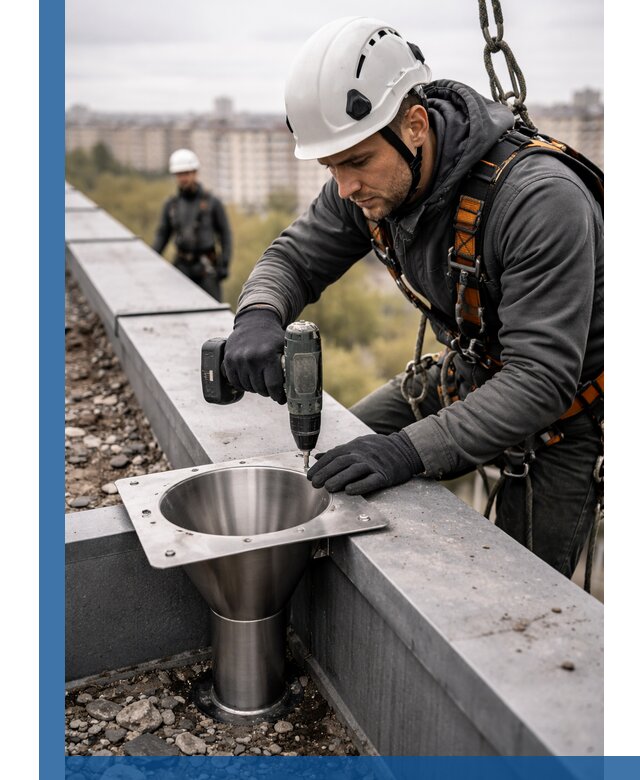 Монтаж водосточных воронок в Кандалакше для промышленных зданий