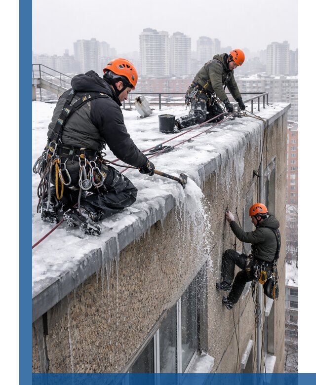 Удаление наледи с кровли в Кандалакше промышленными альпинистами