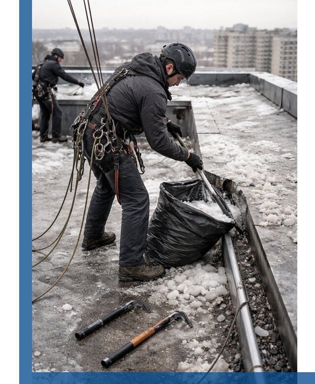 Аварийная очистка кровли в Кандалакше от промальпинистов