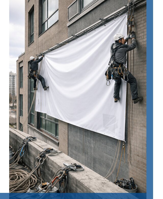 Монтаж баннеров на фасаде в Кандалакше от 657 р. заказать ВЫСОТНИК-Кнд