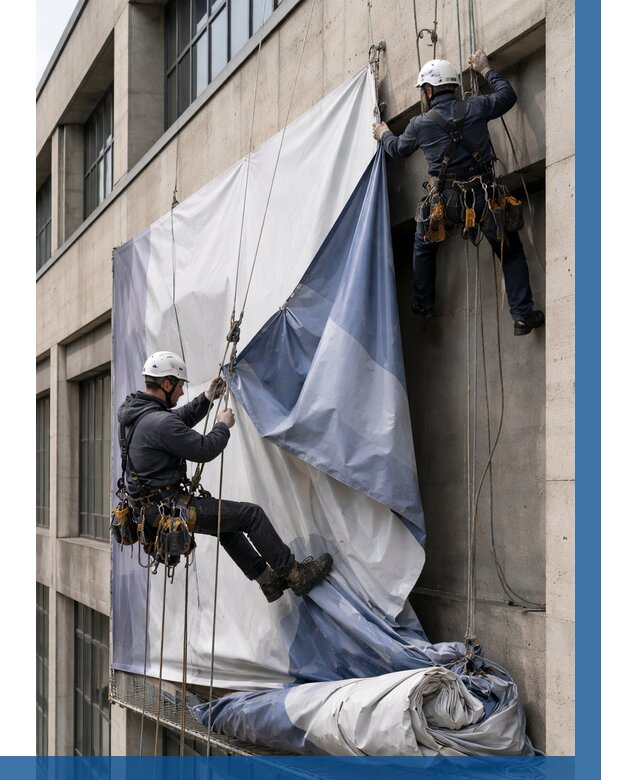 Демонтаж баннеров с фасада в Кандалакше от 4546 р. | ВЫСОТНИК-Кнд