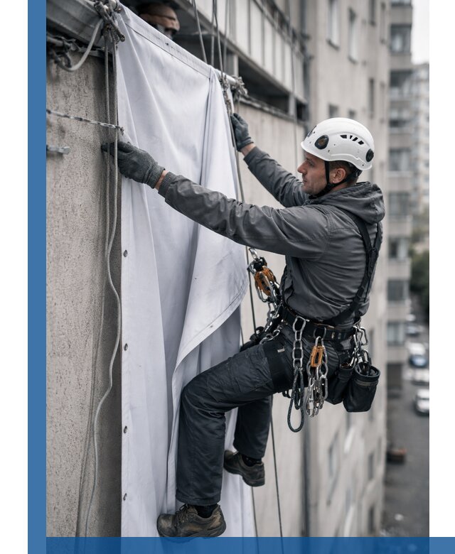 Замена баннерного полотна промышленными альпинистами в Кандалакше