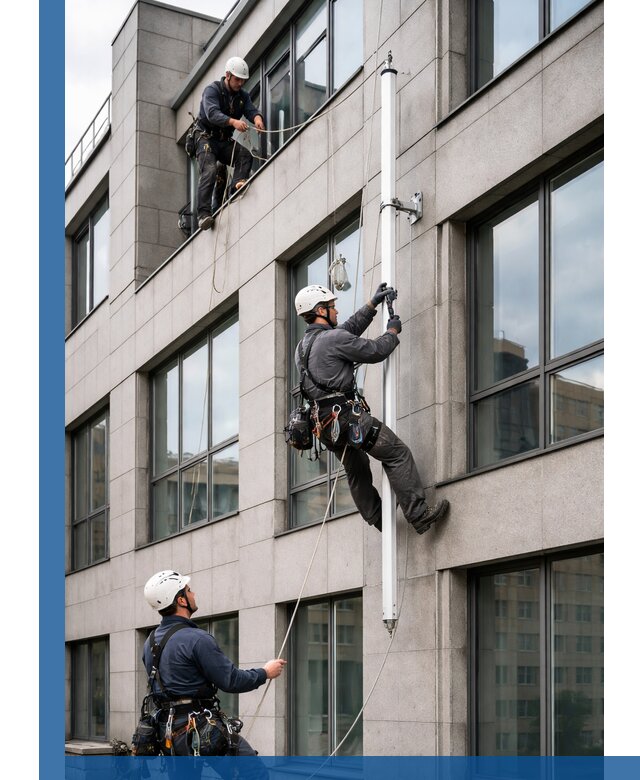 Монтаж флагштока на фасаде здания с креплением и герметикой в Кандалакше