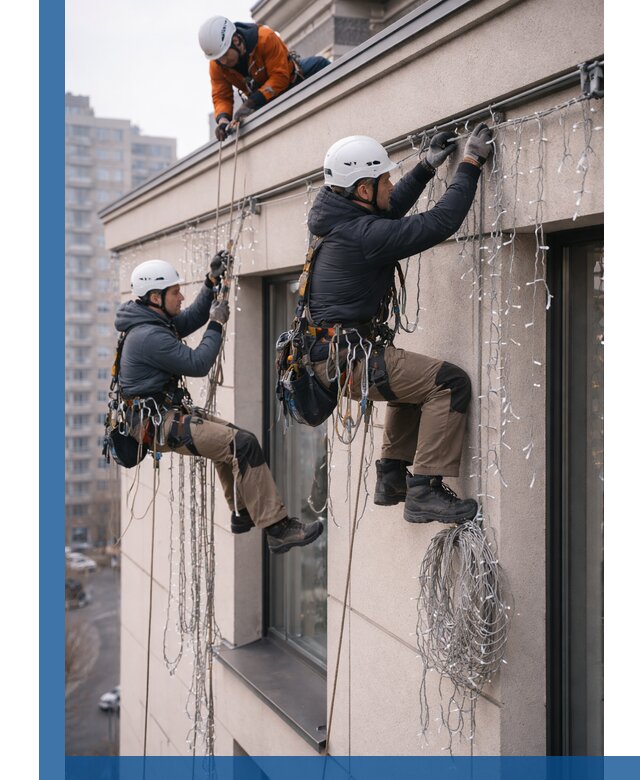 Монтаж праздничных гирлянд на фасаде в Кандалакше для зданий