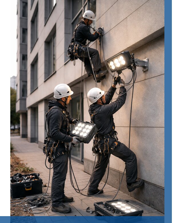 Монтаж прожекторов на фасаде в Кандалакше от 7577 р. | ВЫСОТНИК-Кнд