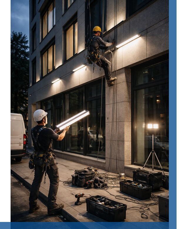 Монтаж архитектурной подсветки здания в Кандалакше от 2526 р.|ВЫСОТНИК-Кнд