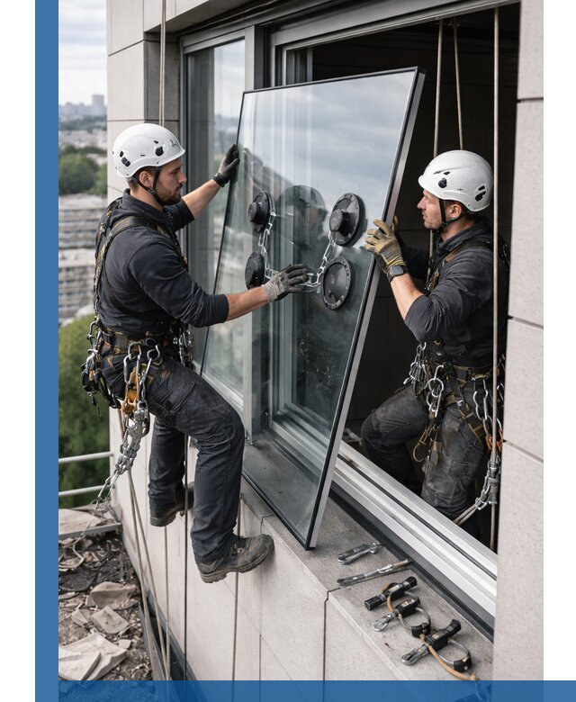 Замена стеклопакетов на высоте с промышленными альпинистами в Кандалакше
