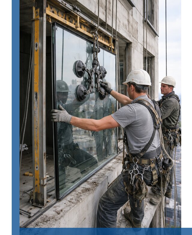 Монтаж стеклопакетов на высоте в Кандалакше с промышленным альпинизмом