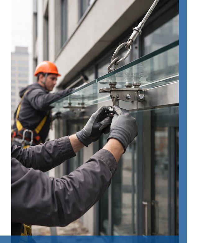 Монтаж стеклянных козырьков в Кандалакше от 8588 р. | ВЫСОТНИК-Кнд