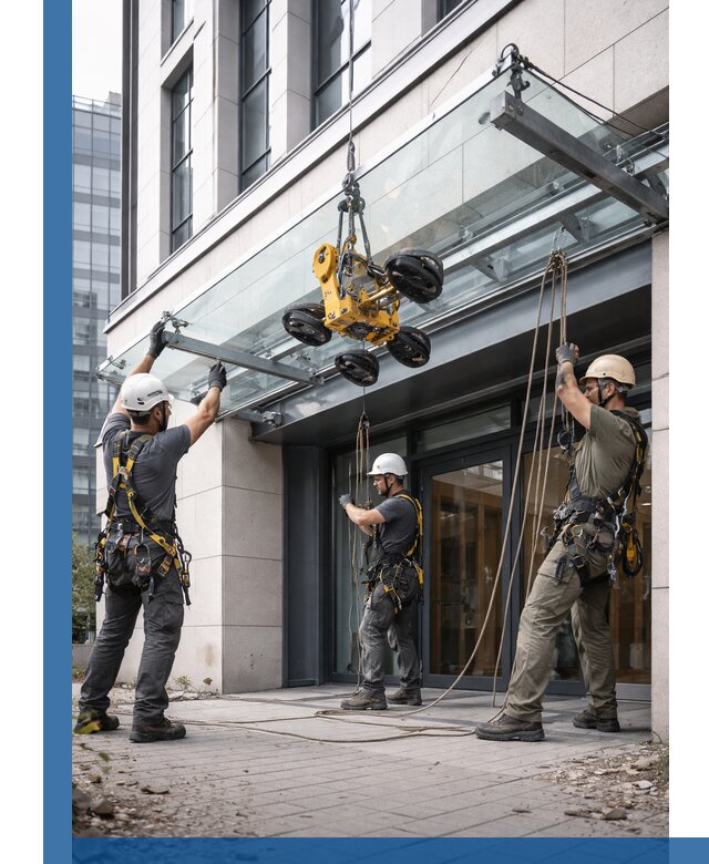 Монтаж стеклянных козырьков под ключ в Кандалакше для зданий