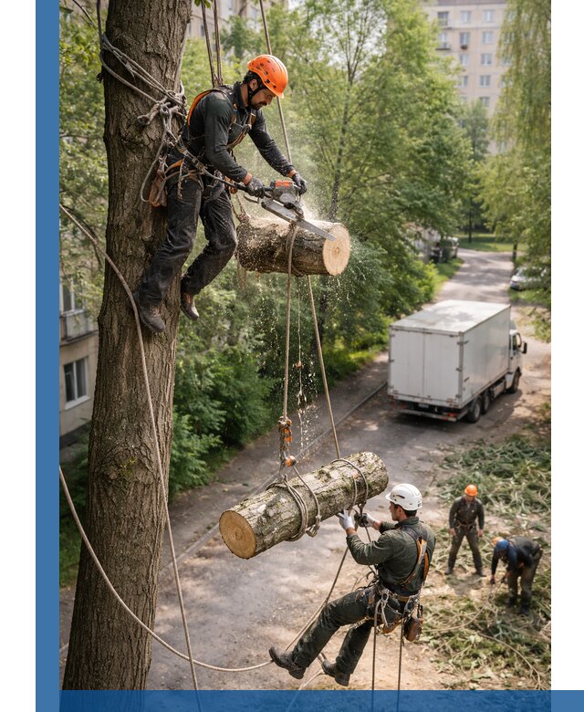 Спил деревьев альпинистами в Кандалакше, безопасно и без повреждений