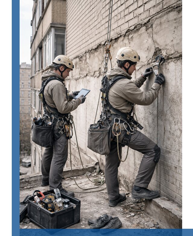 Обследование фасада промышленными альпинистами в Кандалакше